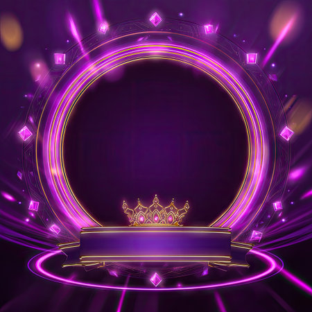 A radiant purple design showcases a podium beneath a golden crown, embraced by a glowing circular frame. The artwork displays a sense of luxury with radiant highlights and shapes. The image is ideal for use in promotions, event backdrops, or design presentations, suitable for a variety of commercial and editorial applications.の素材