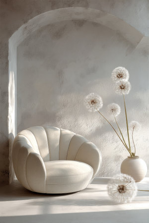 A cream-colored, rounded chair sits beneath an arched structure in a softly lit interior. The scene features delicate dandelions in a vase, creating a serene ambiance. The composition uses neutral tones and natural light, suitable for lifestyle, home decor, and design projects. The aesthetic is modern, with a focus on simplicity.の素材