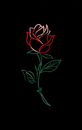 This image features a detailed illustration of a rose, outlined with red and green lines, set against a black background. The simple yet striking design showcases a modern aesthetic, with a focus on clean lines and contrasting colors. Ideal for various projects, including print materials or digital graphics, and suitable for commercial use.の素材