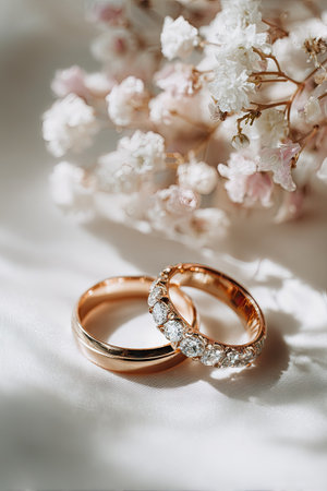 Two golden rings are displayed beside a delicate arrangement of white flowers. The composition features soft lighting, emphasizing textures and details. This setup could be suitable for various uses, encompassing event promotion, jewelry advertising, or lifestyle content.の素材