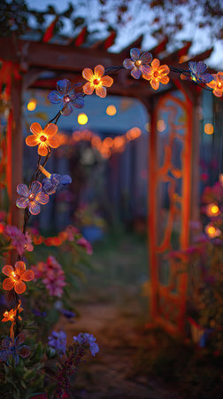A close-up captures flower-shaped lights strung across a wooden arch. The warm glow of the lights contrasts with cooler tones of the flowers. The scene, potentially outdoors at dusk, suggests a decorative element. Suitable for illustrating events, celebrations, or general design applications.の素材