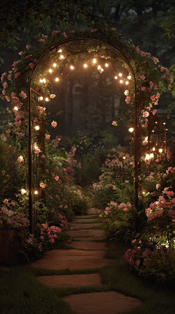 An inviting garden scene presents a stone pathway leading towards an archway. The arch is adorned with cascading flowers and illuminated with soft, glowing lights. The overall composition displays a sense of serenity. This image is suitable for various commercial uses, including artistic designs and promotional materials.の素材