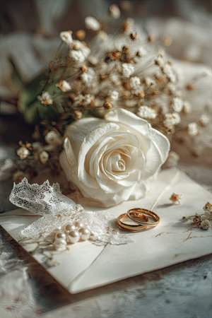 A close-up view displays a white rose and delicate flowers alongside golden rings and a strand of pearls. The composition features soft lighting, emphasizing textures on a textured backdrop. This image may be suitable for illustrating themes of romance, celebration, or special events, with potential applications in various commercial and editorial contexts.の素材