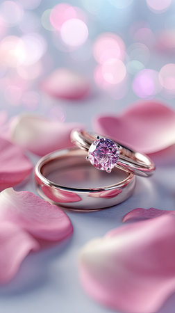 Two wedding rings rest amidst soft pink rose petals. The top ring features a gemstone, while the lower ring appears plain. The composition is set against a blurred background, creating a delicate, romantic atmosphere. This image could be used for advertisements, website content, or editorial purposes.の素材