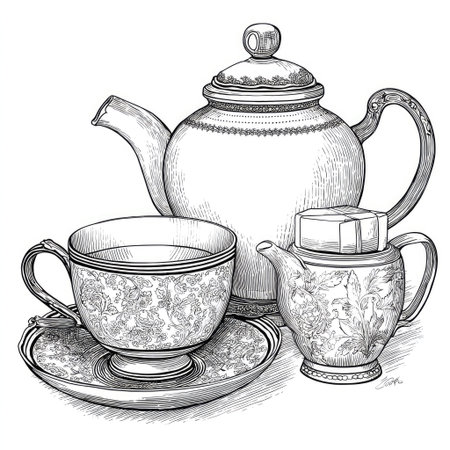 An illustration depicts a traditional tea set comprising a teapot, teacup, and saucer alongside a small creamer. The image is rendered in black and white with detailed line work, showcasing floral patterns. The composition suggests an indoor setting, and this image could be used for illustrating articles about tea or related themes.の素材
