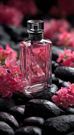 A perfume bottle stands on dark stones surrounded by vibrant pink flowers. The transparent bottle contains a pink liquid, reflecting light. The composition features a shallow depth of field, highlighting the bottle and blossoms. This image can be used in cosmetic, beauty, or fragrance marketing material.の素材