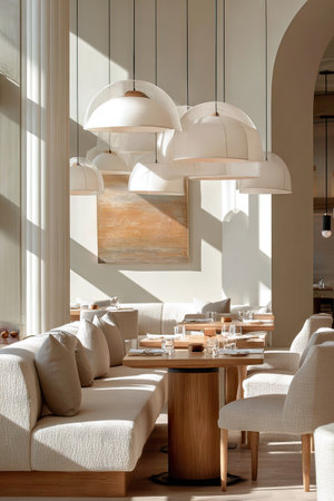 An interior shot reveals a stylish restaurant featuring soft, natural light and a neutral color palette. The scene showcases modern seating arrangements, pendant lights, and table settings. The composition highlights the architectural elements and ambiance, suitable for various editorial and commercial applications.の素材
