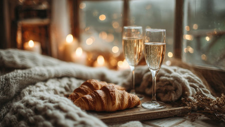 This image showcases a warm composition featuring two champagne flutes, a fresh croissant, and a soft, textured blanket. The scene is illuminated by soft, diffused lighting and bokeh effects, suggesting an intimate indoor setting. It may be suitable for illustrating themes of relaxation, indulgence, or celebrations.の素材