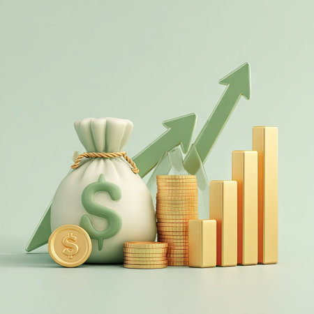 This image presents a conceptual depiction of financial growth, featuring a money bag, stacks of coins, and a rising bar chart. The composition utilizes a pastel green background with golden accents, creating a clean and modern aesthetic. Suitable for commercial applications, the image can be used to illustrate business, finance, and investment themes.の素材