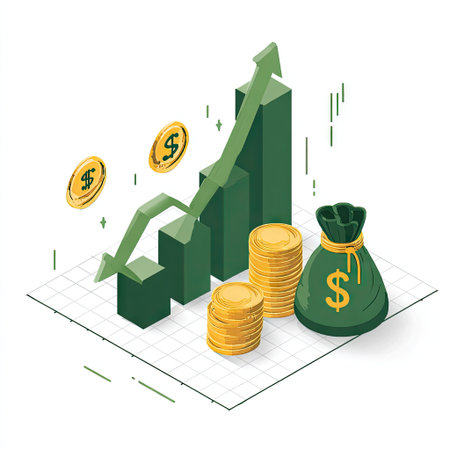 An illustration depicts financial concepts with a green upward graph, stacks of gold coins, and a money bag. The composition uses a flat design style with soft shadows, set against a clean white backdrop. Suitable for presentations or articles related to finance and investments, the image conveys progress and wealth.の素材