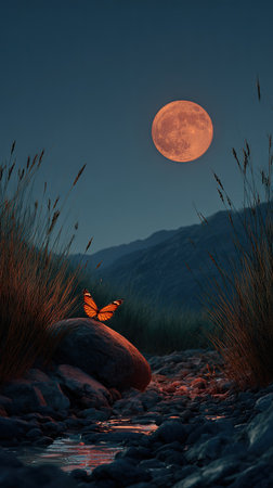 A tranquil night scene shows a stream flowing through a landscape, illuminated by the glow of a large moon. A butterfly rests on a stone, adding a focal point to the image. The scene is lit with warm colors. Suitable for various editorial and commercial projects needing a sense of peace.の素材
