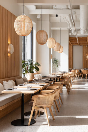 This interior showcases a stylish restaurant with wooden accents and warm lighting. Tables are set with simple tableware, while soft light filters through the windows. The composition features a symmetrical arrangement, suitable for commercial projects. The scene presents a welcoming atmosphere, potentially ideal for lifestyle or hospitality content.の素材