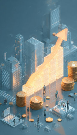 This image showcases a conceptual illustration of financial growth. A glowing arrow ascends above miniature buildings and coin stacks, suggesting upward trends. The composition features a clean, digital style with cool blue and warm yellow tones. It is suitable for use in business presentations, financial reports, or stock market analyses.の素材