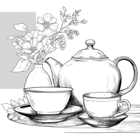 An illustrated still life features a teapot, teacups, and a floral arrangement. The artwork presents monochromatic shades and highlights fine line work. The setting appears to be indoors, with the composition designed in a minimalistic style. This image is suitable for various design, decorative, or artistic purposes.の素材