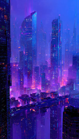 A vibrant digital artwork depicts a futuristic cityscape at night. Tall, modern buildings with illuminated windows are the focal point. The color palette features a mix of cool blues and vivid purples, complemented by reflective surfaces. This image could be suitable for various commercial uses related to technology or design.の素材