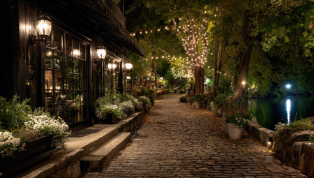 An evening scene depicts a building with warm lighting illuminating a pathway and surrounding vegetation. The composition features a textured walkway leading to the background, and lights are strung on trees. This image may be used for marketing, advertising, or editorial purposes.の素材