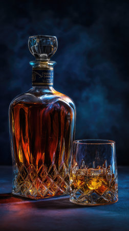 A tall glass decanter and a drinking glass are displayed, filled with amber liquid, likely whiskey or a similar spirit. The composition showcases intricate glass details and a focus on warm lighting against a dark backdrop. Suitable for various editorial and commercial applications. The scene evokes a sense of sophistication.の素材