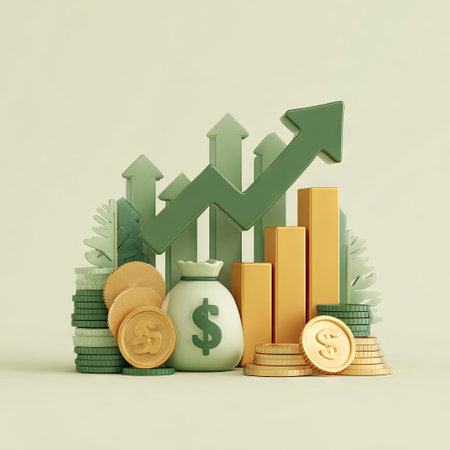 This image features a symbolic representation of financial growth with a money bag, coins, and a rising arrow chart. The composition utilizes a clean, modern style with various shades of green and yellow. The overall look and feel suggests concepts of investment, economy, and success, suitable for diverse commercial applications.の素材