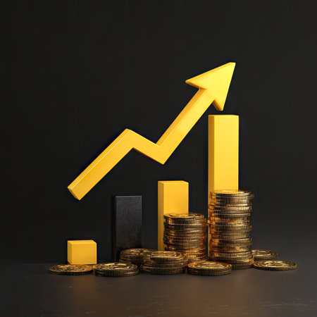 A conceptual image presents a golden arrow ascending above stacked coins and bar graphs. The composition uses a dark backdrop, highlighting the yellow color palette. The image conveys financial progress and success, suitable for business and investment-related materials. The visual is well-suited for a variety of commercial and editorial uses.の素材