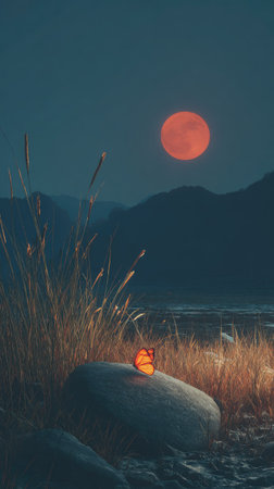 An illuminated butterfly rests atop a rock in a landscape scene. This image depicts a night-time environment with a large, vibrant moon. The composition includes tall grass, a calm body of water, and distant mountains under a dark, clear sky, suitable for editorial and commercial applications.の素材