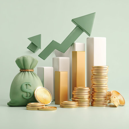 A green money bag and gold coins alongside rising bar graphs and an upward arrow depict financial progress. The composition uses a clean, light color palette, possibly suggesting concepts related to wealth, investment, or economy. This image could be used in various commercial or illustrative contexts.の素材