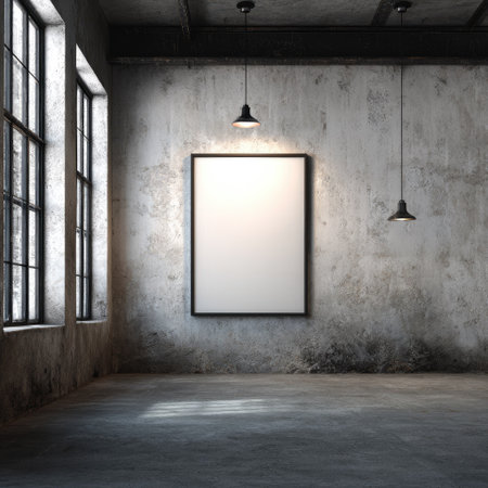 An empty room features a blank black-framed area, potentially for artwork or advertisement. The composition includes an open window and hanging lamps, set against a concrete wall and floor. The scene suggests a modern, industrial aesthetic with diffused lighting. It's suitable for various design, commercial, and artistic applications.の素材