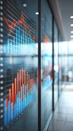 The image features financial data visualizations displayed on large glass panels within a modern office setting. The composition shows colorfully illustrated charts and graphs, with a focus on data analysis. The lighting suggests an indoor daytime environment. Suitable for commercial applications related to finance, technology, or business.の素材