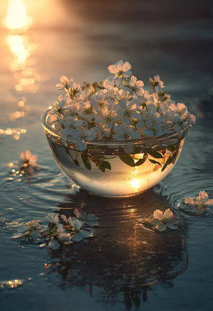 A glass bowl filled with delicate white flowers sits on water, illuminated by warm sunlight. The composition emphasizes the reflections and the contrast between the flowers and the water's surface. The image exhibits a soft focus, suggestive of a dreamy setting. Ideal for design, editorial, or commercial applications.の素材