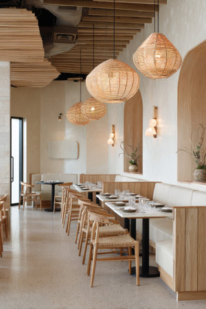 An interior shot showcases a restaurant with warm tones and inviting ambiance. Wooden chairs and tables are arranged along a built-in seating area. Overhead, textured, woven lamps cast a soft glow. The space suggests a modern setting suitable for various commercial purposes, including editorial content and design projects.の素材