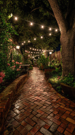 A brick path leads through a lush garden illuminated by string lights and lanterns. The image features a variety of green foliage, flowers, and a large tree. The scene is bathed in warm light, suggesting an evening setting. This image could be used for various commercial or editorial purposes.の素材