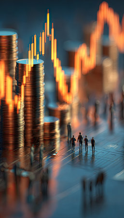 This image depicts stacked coins, a glowing trading chart, and tiny human figures, suggesting financial concepts. Warm colors and an overhead perspective create a sense of depth and focus. The visual style implies a modern or digital context. Suitable for illustrating investments, economics, or business-related themes for commercial use.の素材