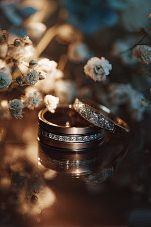 Two wedding rings are displayed on a shiny surface, accented by soft, blurred white flowers. The rings show intricate detailing and sparkle. The warm lighting and shallow depth of field create a romantic atmosphere suitable for celebrations. This image is applicable for advertising purposes or editorial content.の素材