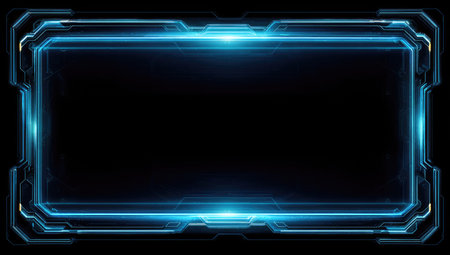 This image features a glowing blue rectangular frame set against a dark black background. The design showcases sharp lines, and a futuristic aesthetic with digital lighting. The composition suggests a digital interface or screen, suitable for applications in technology, graphic design, and data visualization projects. The clean style offers potential for commercial and editorial uses.の素材