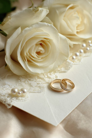 Close-up of golden wedding rings resting on a white surface, accompanied by ivory roses and strings of pearls. Delicate lace adds texture, while the lighting highlights the soft colors and details. This image could be used for various commercial projects related to weddings, celebrations, or romantic themes.の素材