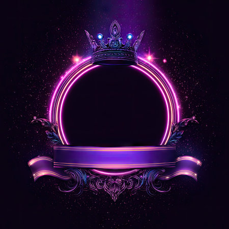An artistic design features a regal crown, positioned above a glowing circular frame. The composition uses a dark background to highlight the central design elements. Rich purple and neon pink colors are combined. The image could be suitable for various design projects, including logos or illustrations.の素材