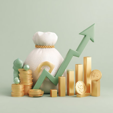 This image presents a conceptual illustration of financial growth. It features a money bag, stacked coins, a rising green arrow, and a bar chart. The composition showcases a soft color palette with a clean, well-lit environment. Ideal for depicting economics, business, or investment concepts in commercial and editorial contexts.の素材