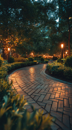 A brick pathway curves through a garden, illuminated by soft, warm lights. Lush green foliage surrounds the walkway, creating a sense of depth and tranquility. The scene is lit by overhead lamps, suggesting an evening or twilight setting. Suitable for various editorial and commercial applications.の素材