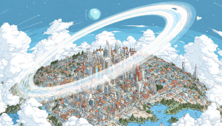 A digital illustration depicts a detailed cityscape atop a landmass, encircled by a glowing ring structure and surrounded by fluffy clouds. The image features a bright, clean style with a focus on geometric shapes and vibrant color contrast between the city and sky. Suitable for use in conceptual designs or creative editorial projects.の素材