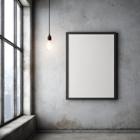 An empty framed picture hangs on a textured gray wall, creating a simple interior scene. Natural light streams in from a large window on the left. A pendant light illuminates the blank canvas. This visual composition could be used for various purposes like showcasing art or presenting designs.の素材
