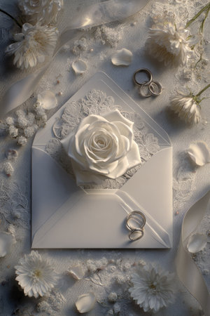 An overhead shot showcases a pristine white rose emerging from an envelope, complemented by wedding rings and scattered petals. The composition features soft lighting with a high-angle perspective. This sophisticated image would suit various commercial and editorial applications such as wedding announcements or romantic invitations.の素材