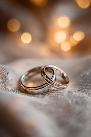 Two silver wedding rings rest on a textured surface, bathed in soft light. The composition highlights the rings' intricate details and reflective surfaces. Warm, blurred lights create a romantic background, suggesting a special occasion. Suitable for use in visual content related to love and ceremonies.の素材