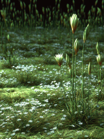 An image captures a field of wildflowers with many tiny white blossoms. The scene presents tall green stalks, illuminated with soft lighting. The composition suggests an outdoor environment filled with plants and textures. It is suitable for diverse commercial uses.の素材