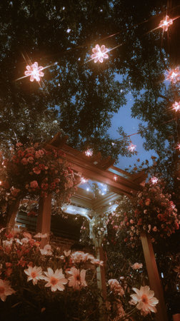 This image presents a garden scene at dusk, featuring floral arrangements and decorative lights. The scene is illuminated by soft, warm light with a shallow depth of field. This composition and lighting could be used for backgrounds, invitations or various designs, adding a touch of elegance.の素材