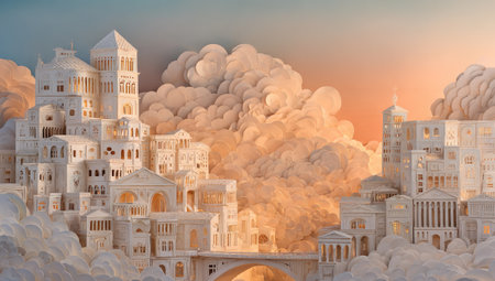 An imaginative cityscape is depicted with detailed architecture. Buildings in various shapes and sizes are presented against a backdrop of fluffy clouds and an orange-tinted sky, bathed in soft overhead sunlight. The image could be used for conceptual art projects and illustrations, or as a backdrop for digital designs.の素材