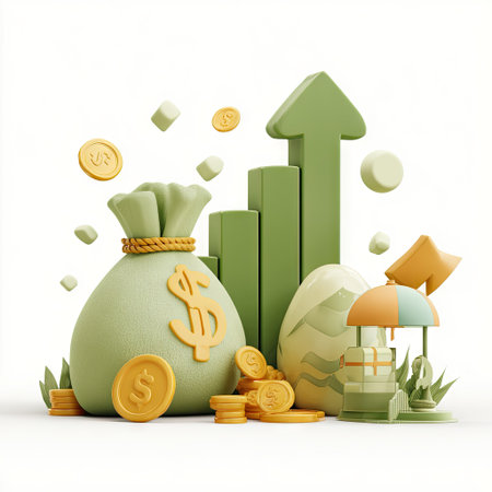 An illustration depicts a money bag, coins, and an upward-pointing arrow suggesting financial growth. The composition features a clean, white background with soft lighting, and uses a simplified, cartoon style. It could be used in a variety of business-related publications, presentations, or advertisements.の素材