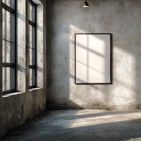 An interior shot features a room with a large window casting light onto a blank framed picture. The space exhibits a minimalist aesthetic with concrete walls and flooring, suggesting an industrial or modern environment. The composition utilizes natural lighting and shadow play, offering potential applications for artistic or commercial purposes.の素材
