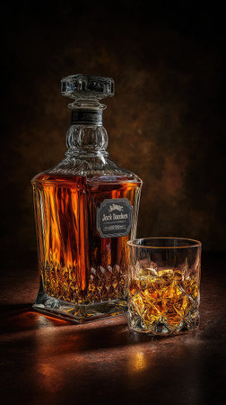 A close-up captures a crystal whiskey bottle and a glass filled with ice and amber liquid. The scene features detailed lighting, showcasing textures and reflections against a dark, textured backdrop. Suitable for advertising, beverage promotions, or themed editorial content. The composition presents classic aesthetics.の素材