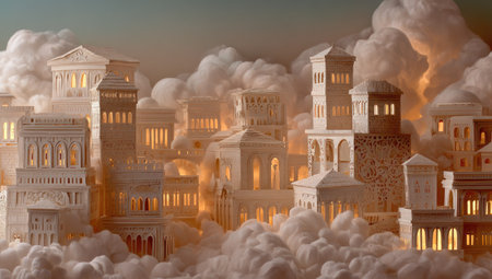 This image presents a fantasy cityscape composed of classical architectural structures. The scene features buildings of various shapes and sizes, enveloped in voluminous clouds. Warm, soft lighting illuminates the scene, suggesting a daytime setting. Ideal for commercial applications and creative projects, the image can be used for various editorial purposes.の素材