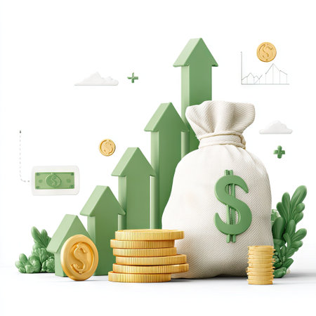 This illustration depicts financial concepts with a money bag, rising arrows, and stacks of coins. The image features a clean, minimalist style with a bright white background, green and gold elements, and overhead lighting. It could be used in various commercial contexts, illustrating concepts of finance, investment, or success.の素材