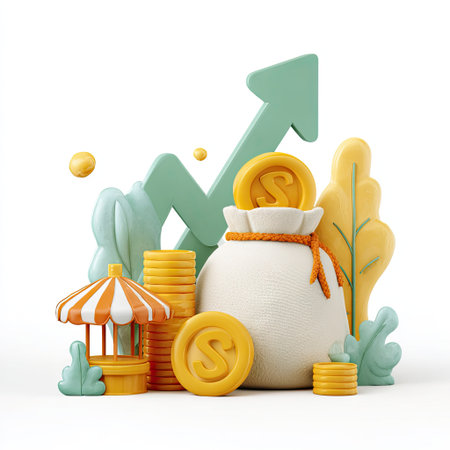 This illustration presents a money bag, coins, and an upward trending arrow, all rendered in a clean, cartoon style. The design uses a bright color palette with yellow and green elements set against a white backdrop. It could be used in finance-related materials, presentations, or websites to represent economic progress.の素材